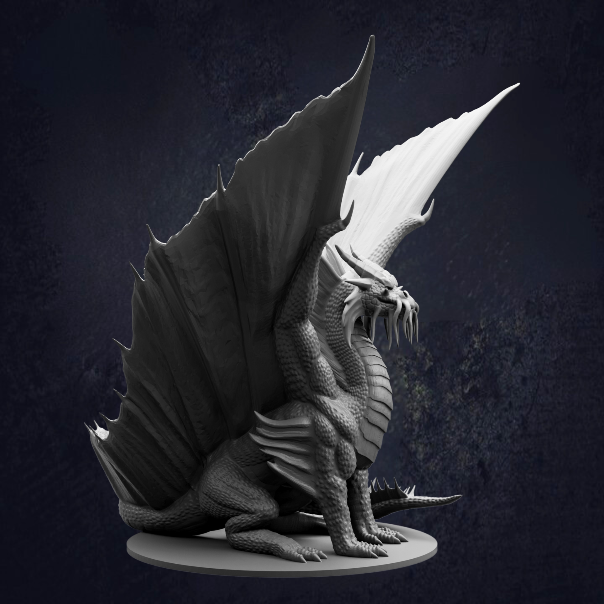 A detailed 3D rendering of a fierce-looking dragon with sharp teeth and a menacing expression, sitting on a platform against a dark background.