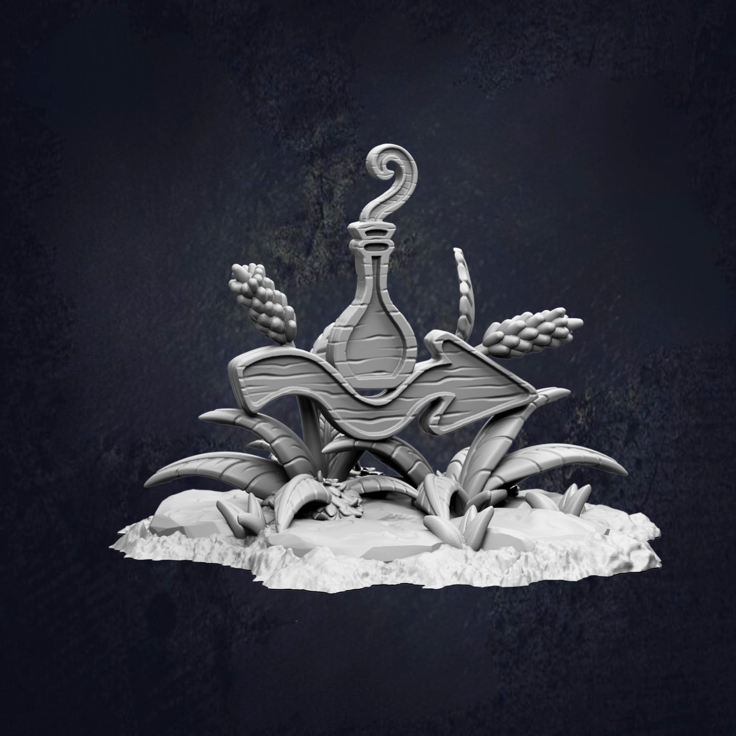 A whimsical, abstract sculpture composed of various organic shapes and textures, including a curved arrow, grapes, and a wooden base, set against a dark background.