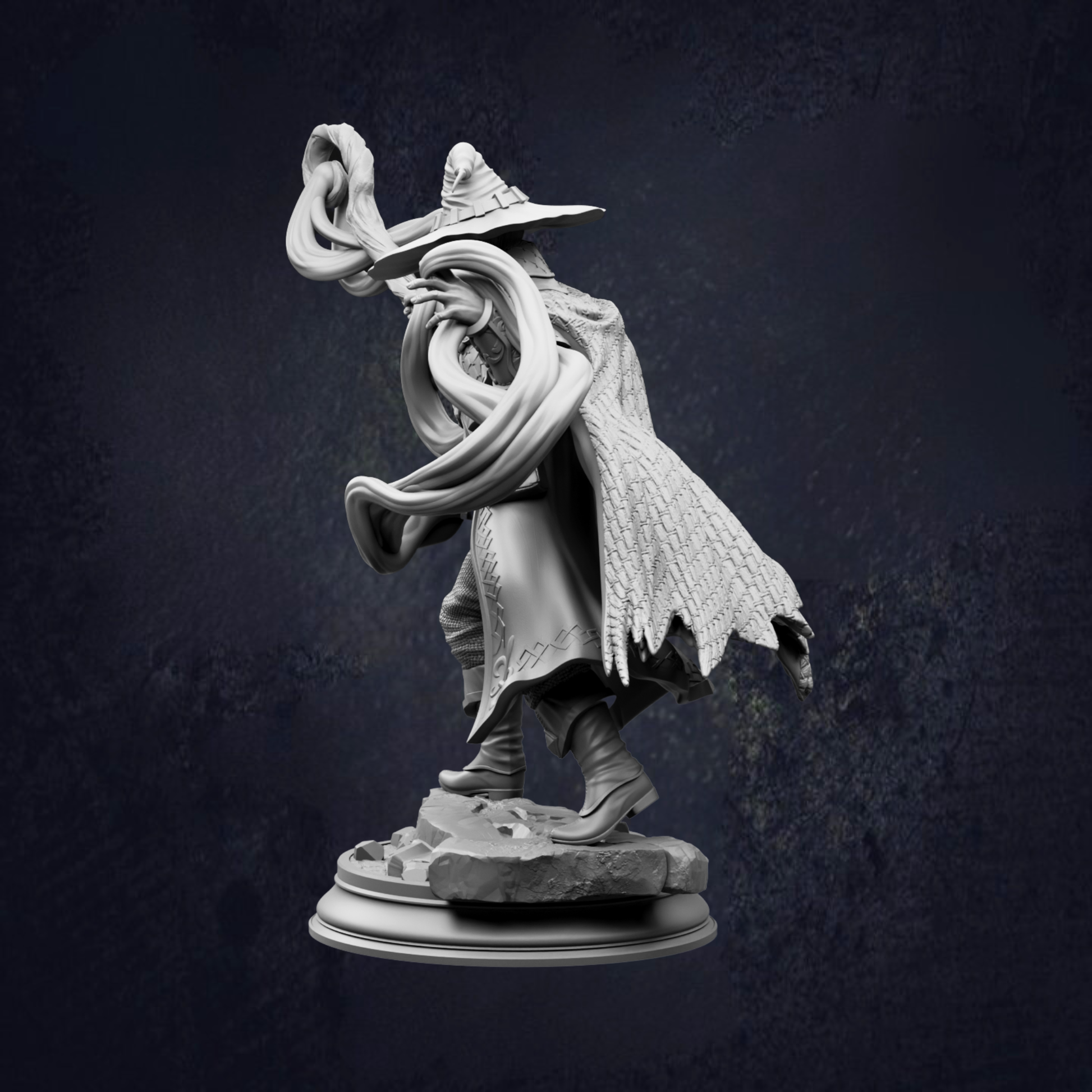 A detailed 3D model of a wizard or magical figure, with flowing robes and a pointed hat, standing on a pedestal against a dark background.