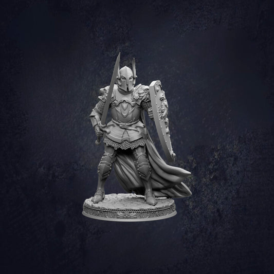 A detailed 3D model of a knight in armor, standing on a base and holding a sword and shield.