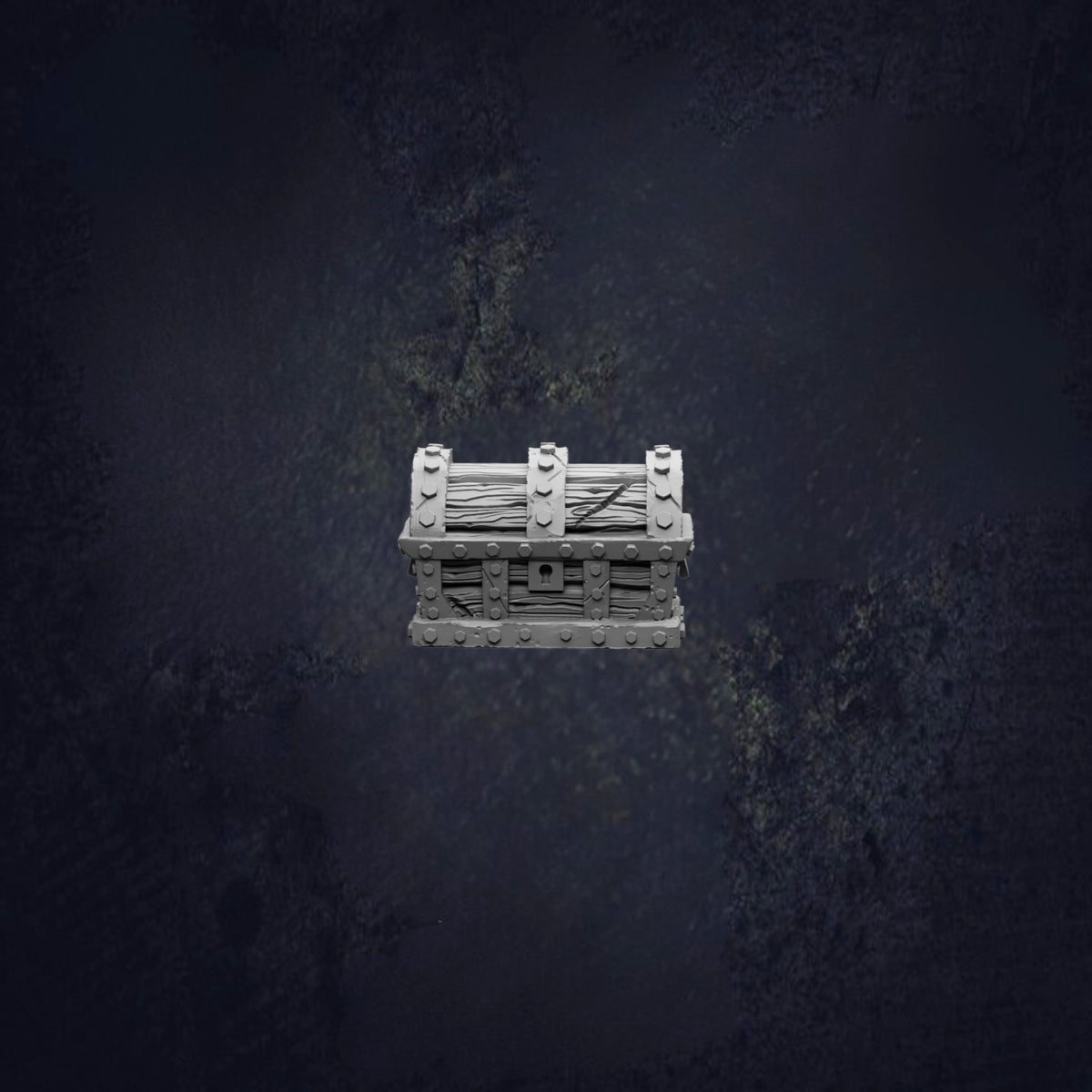 A 3D rendering of a wooden chest with a metal frame, set against a dark, moody background.