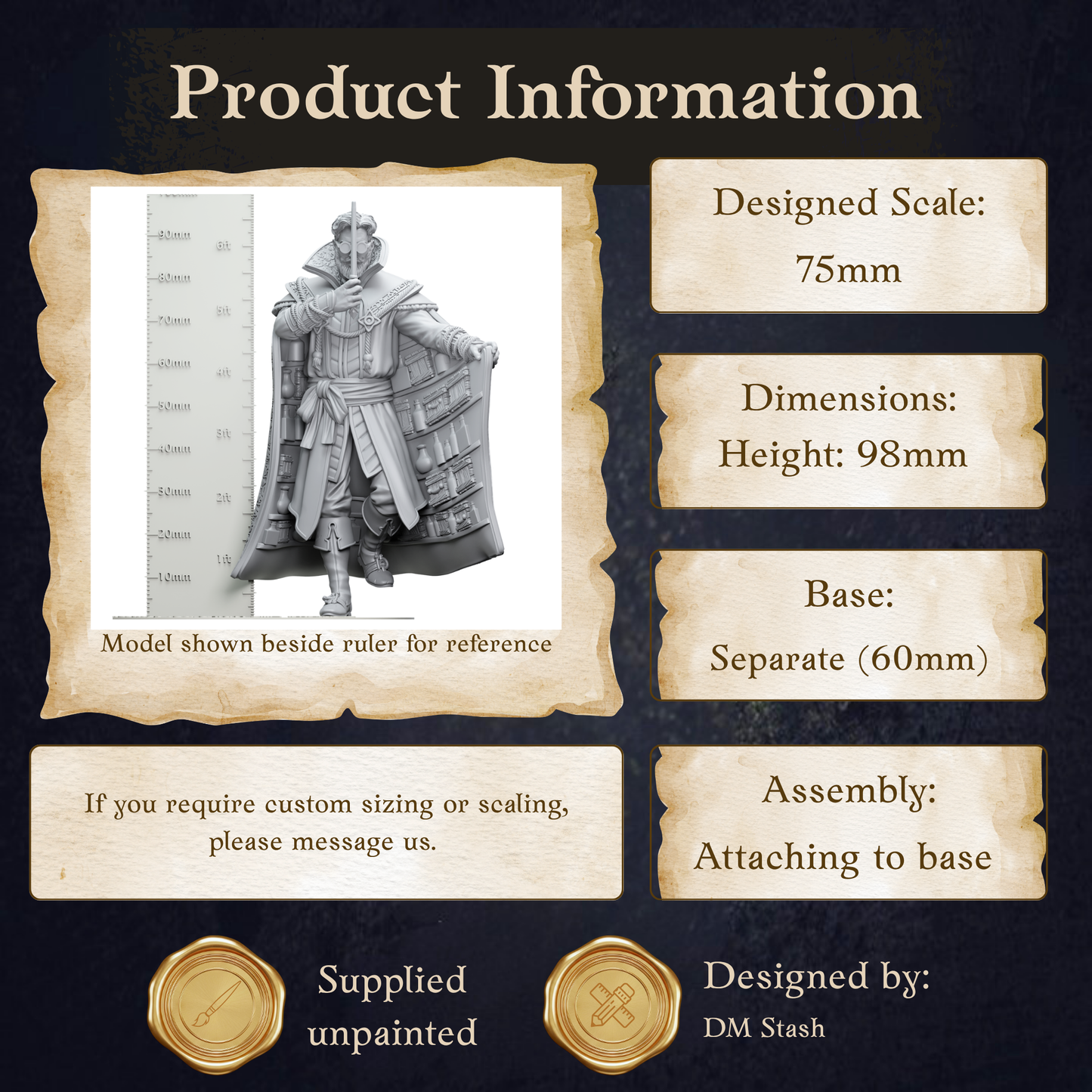 The image is a product information graphic that provides details about a model, including its dimensions, base, and assembly instructions.