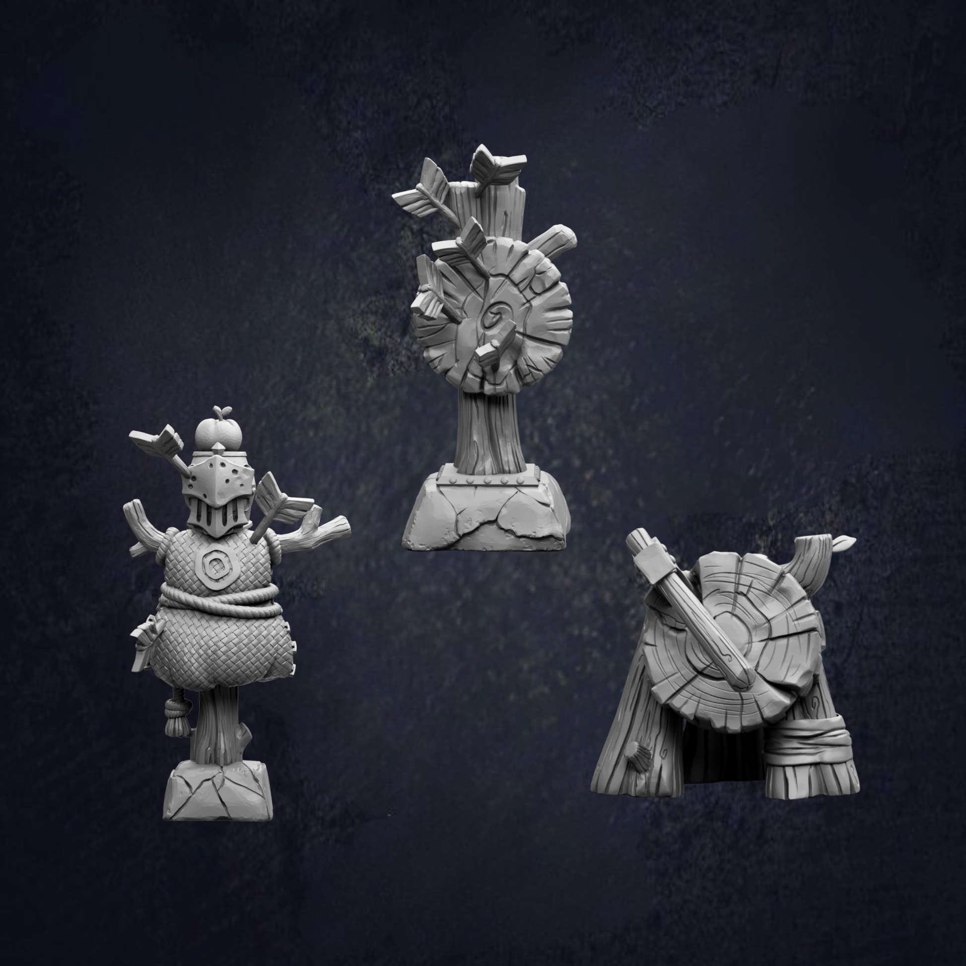 three unique sculptures or figurines, each with distinct features and designs, set against a dark background.