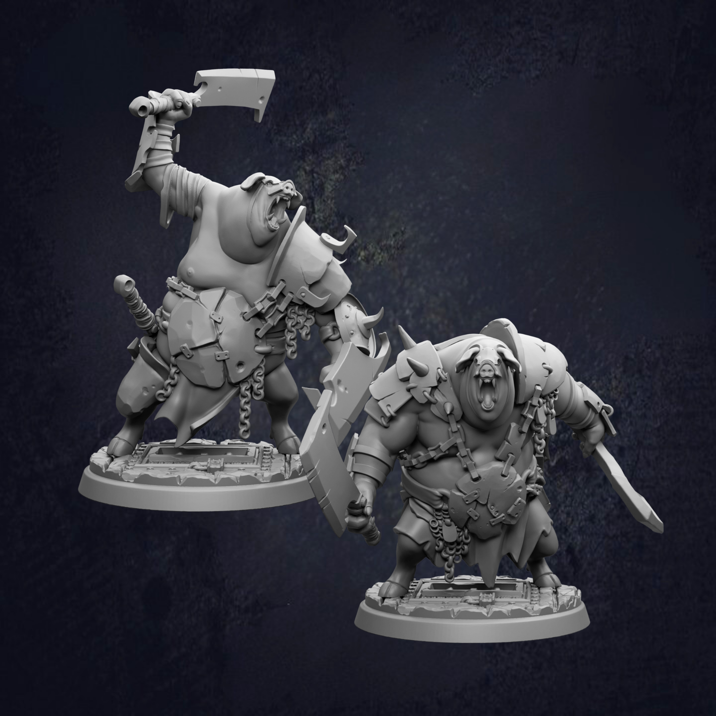 two detailed 3D models of fantastical creatures, each holding various weapons and armor, set against a dark background.