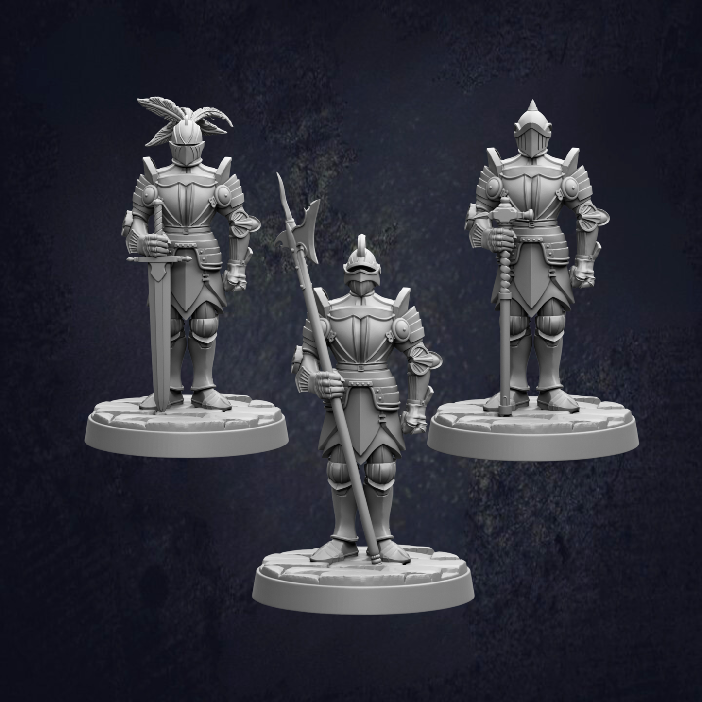 three armored knights standing on platforms, each holding a weapon such as a sword and a spear.