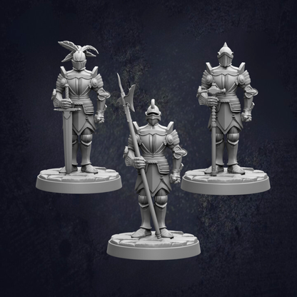three armored knights standing on platforms, each holding a weapon such as a sword and a spear.