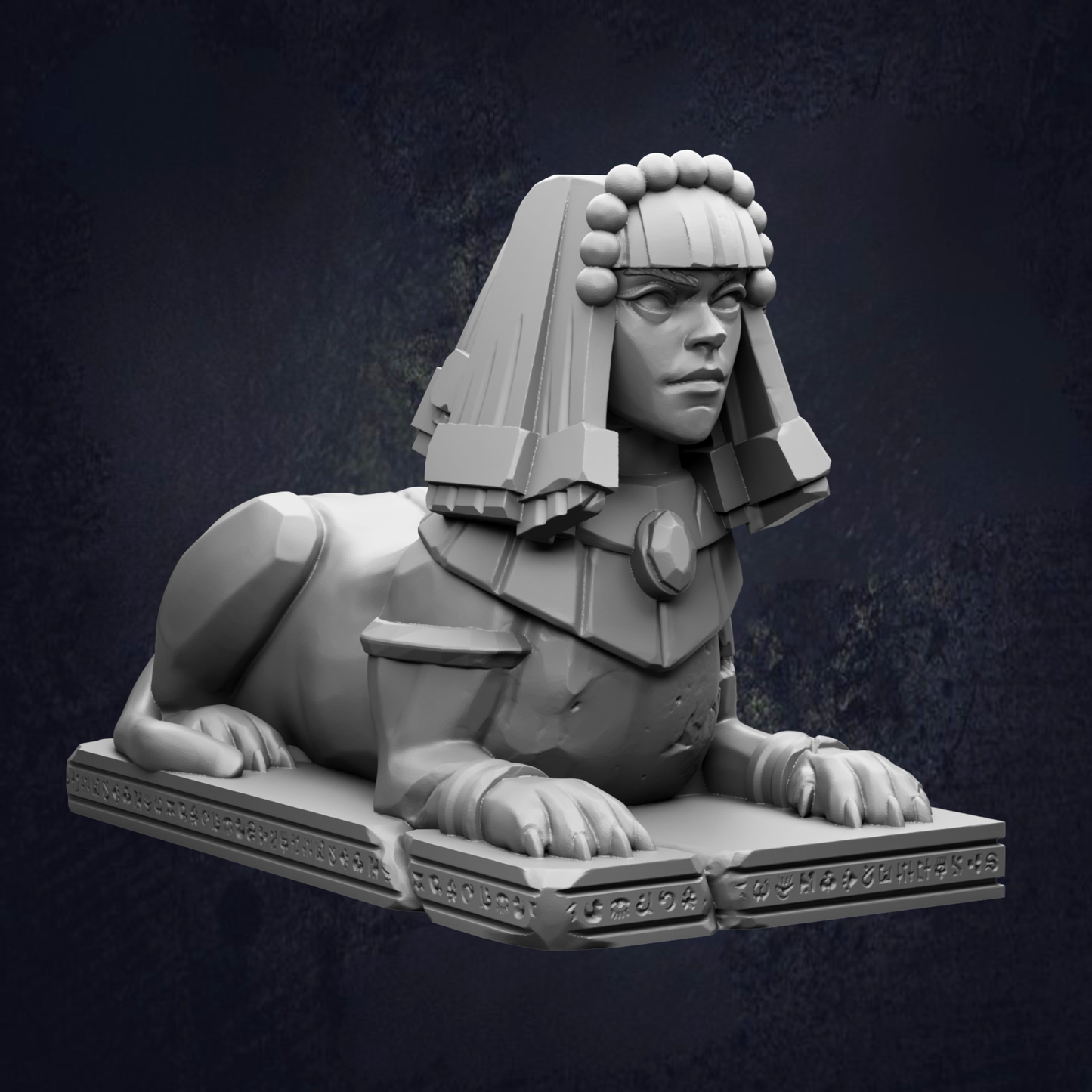 A 3D rendering of a sphinx statue with a female figure in the background.