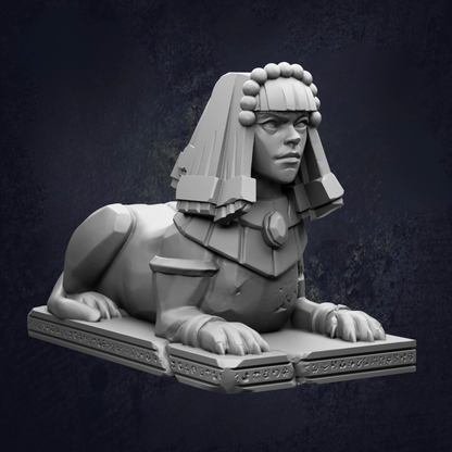 A 3D rendering of a sphinx statue with a female figure in the background.