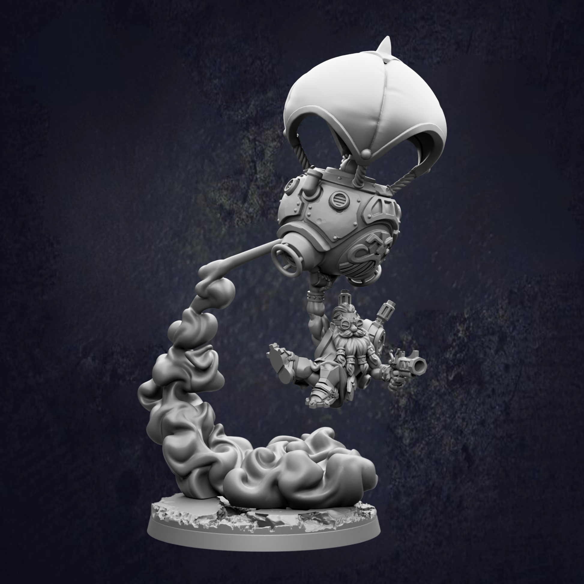 A 3D rendering of a mechanical figure with a large, dome-shaped structure on top, surrounded by a cloud of smoke or steam. The figure appears to be a mechanical or robotic character, possibly from a fantasy or science fiction setting.