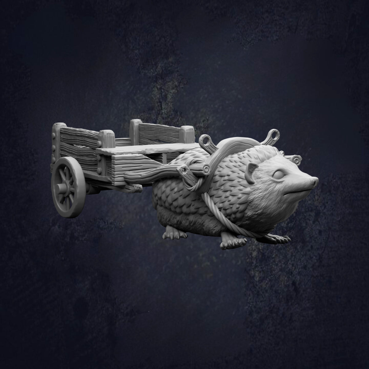 A 3D rendering of a hedgehog-like creature with a wooden cart attached to it, set against a dark background.
