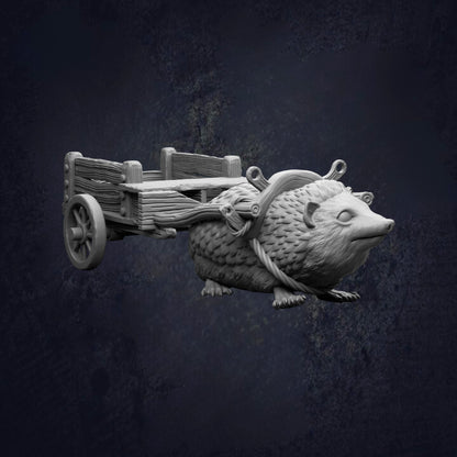 A 3D rendering of a hedgehog-like creature with a wooden cart attached to it, set against a dark background.