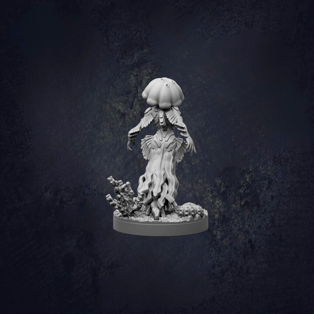 A 3D model of a jellyfish with a large, round body and a smaller body with long, flowing tentacles. The jellyfish is standing on a base with some plants and rocks.