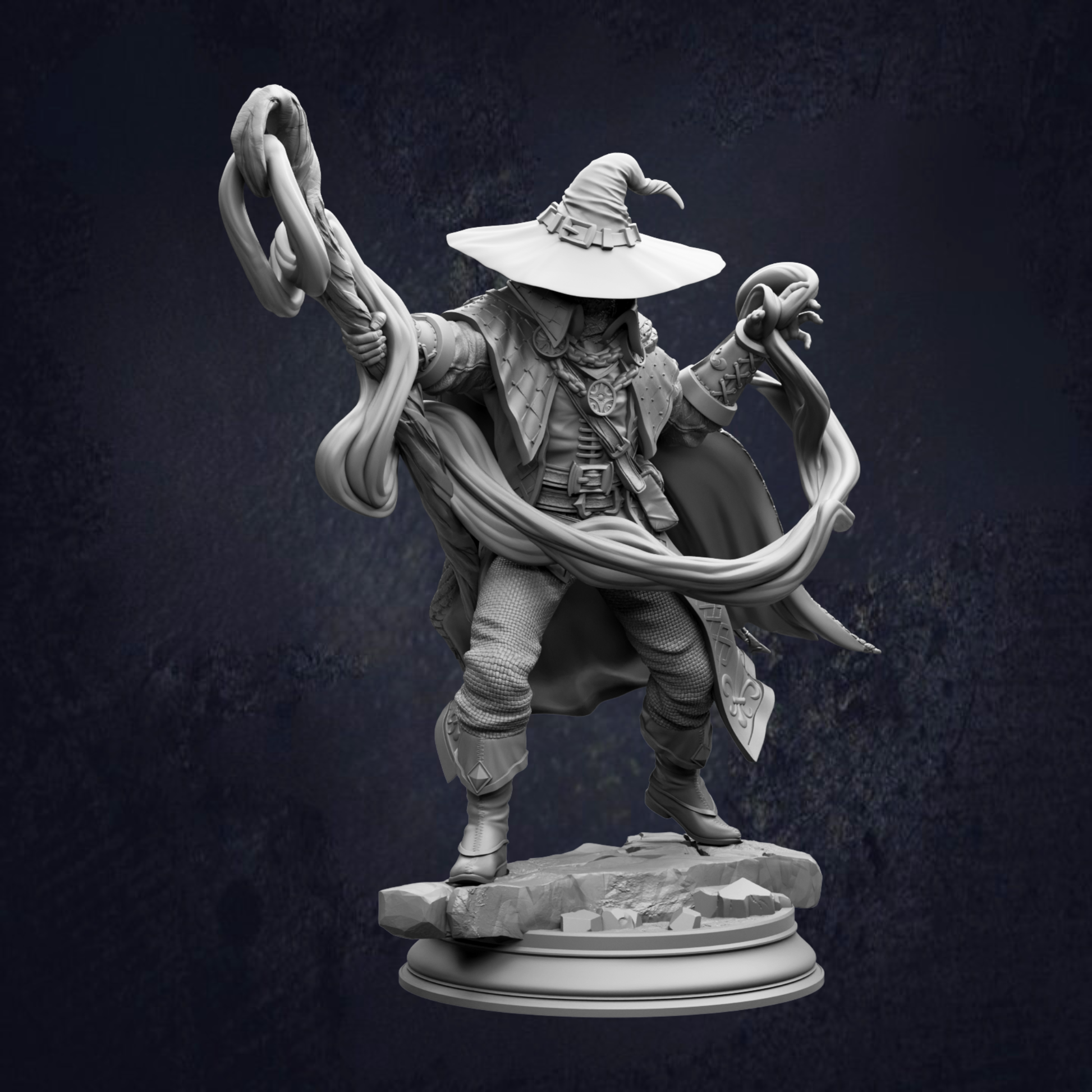 A detailed 3D rendering of a wizard or magical figure, wearing a pointed hat and holding various magical objects, standing on a pedestal against a dark background.
