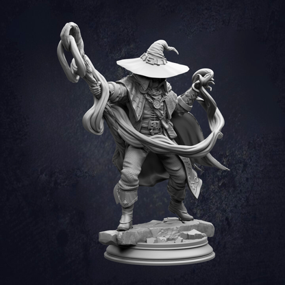 A detailed 3D rendering of a wizard or magical figure, wearing a pointed hat and holding various magical objects, standing on a pedestal against a dark background.