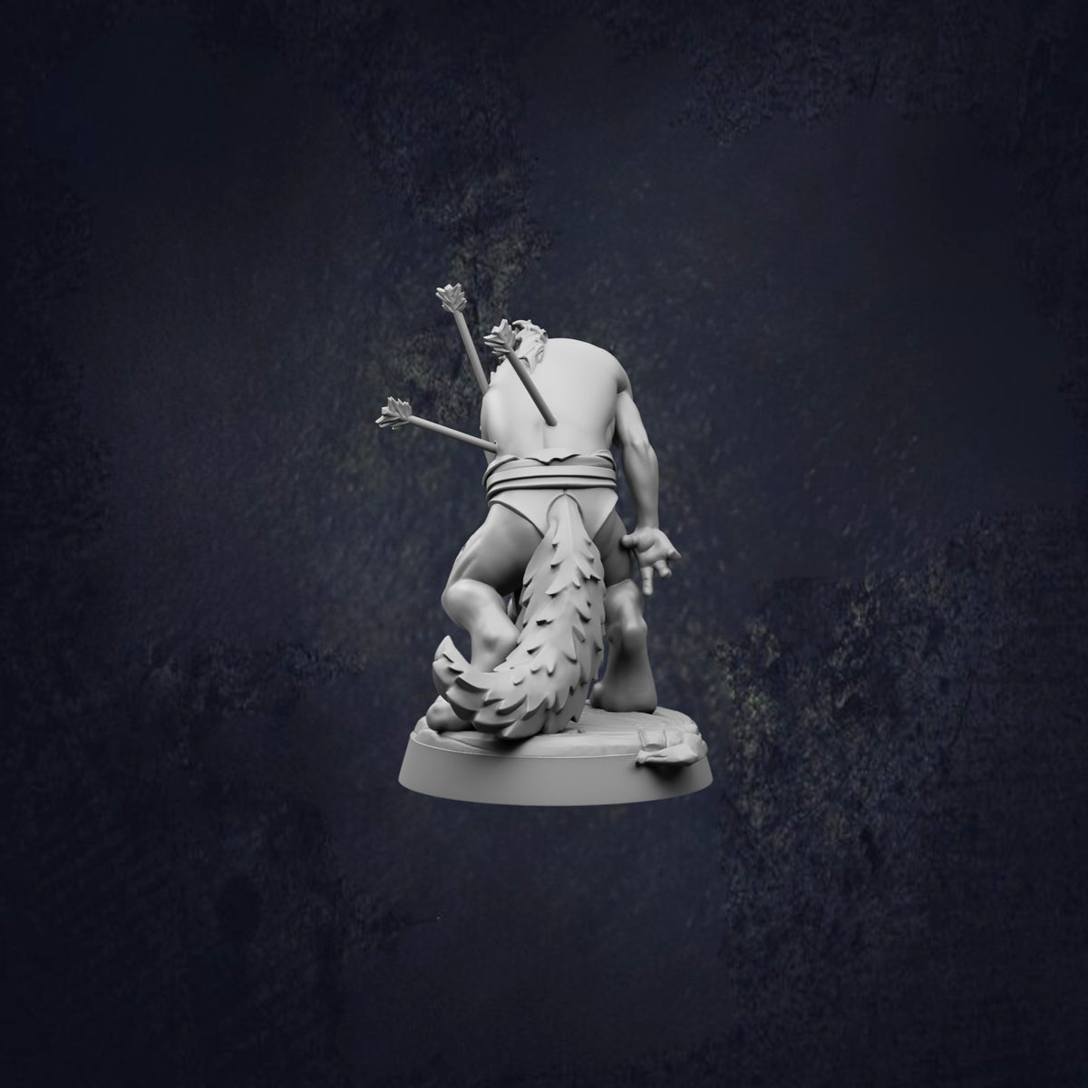 A statue of a person with arrows piercing through their back, set against a dark background.