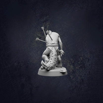 A statue of a person with arrows piercing through their back, set against a dark background.
