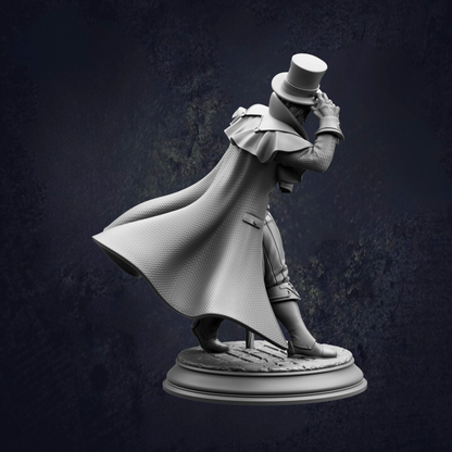 A statue of a person wearing a top hat and coat, standing on a pedestal against a dark background.