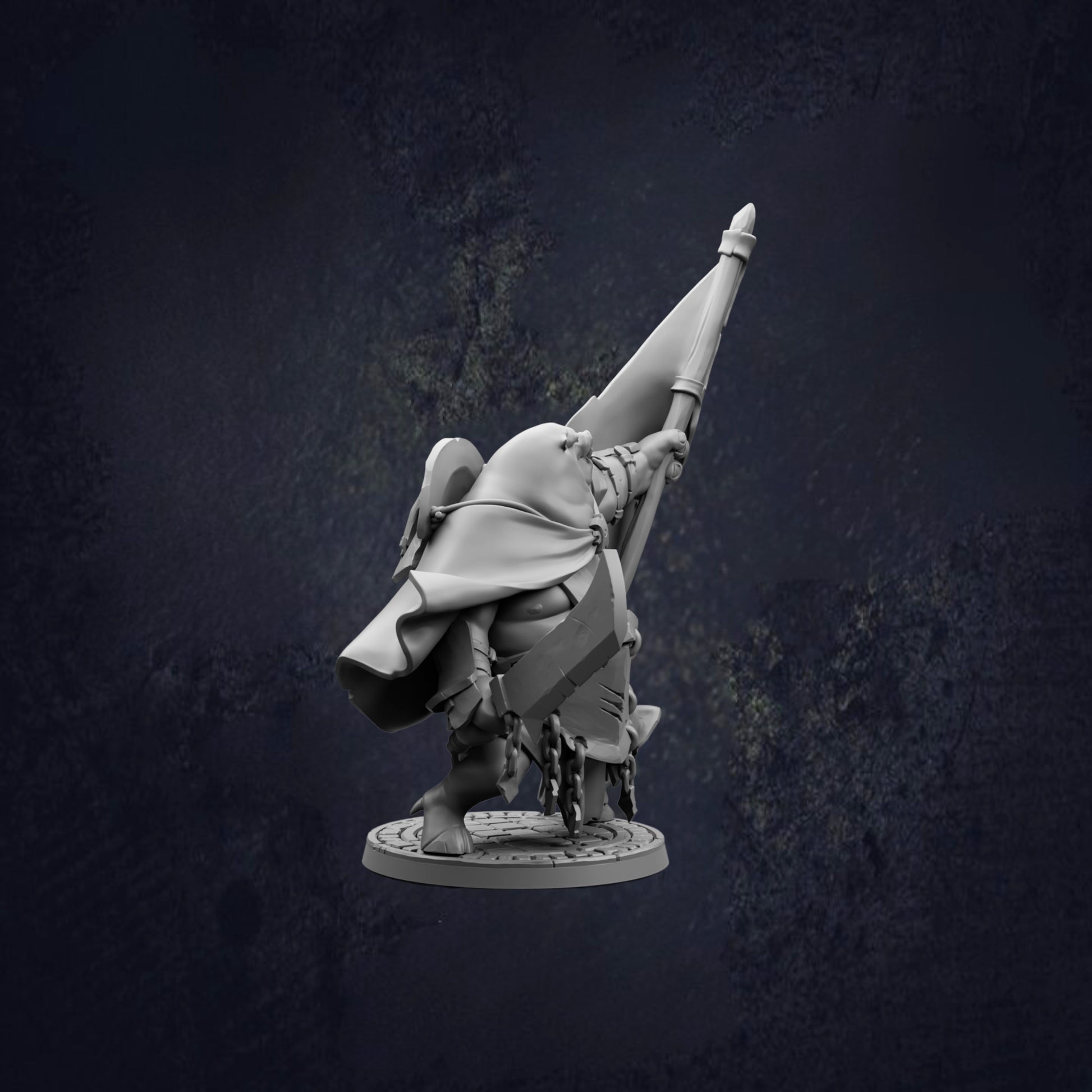 A 3D model of a person holding a flag, standing on a platform against a dark background.
