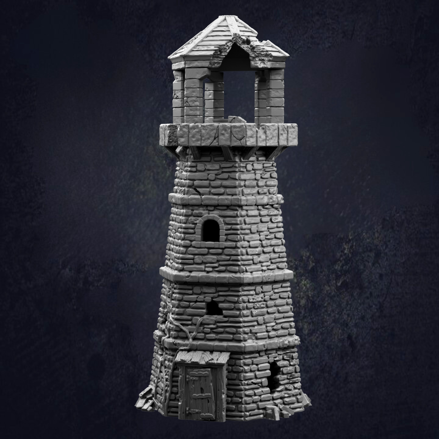 A stone tower with a pointed roof and a small window on the side, set against a dark background.
