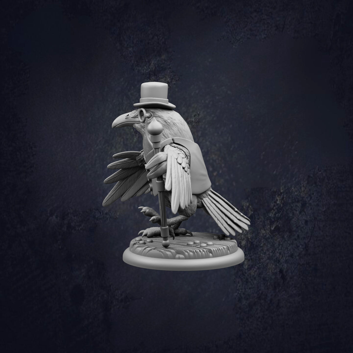 A 3D rendering of a bird wearing a top hat and holding a cane, standing on a base.