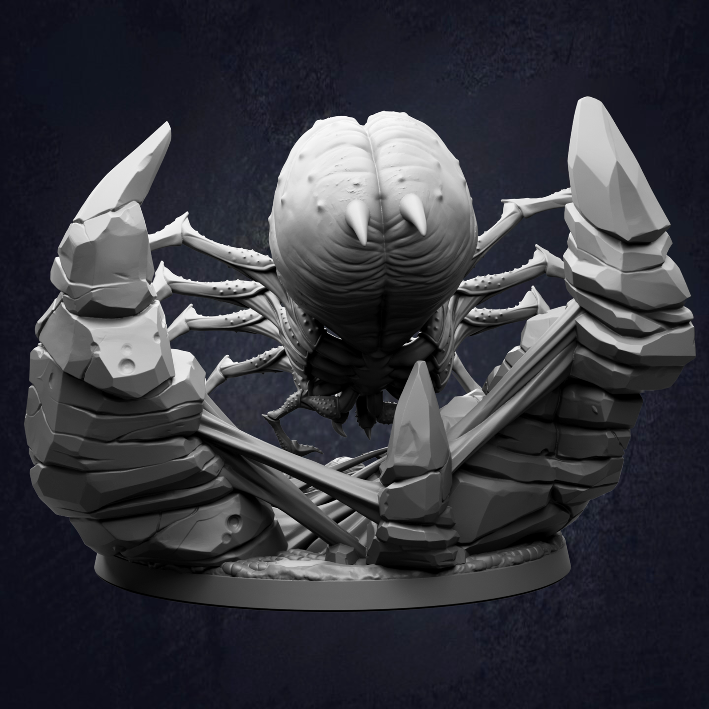 A detailed 3D rendering of a large, intricate spider with multiple legs and sharp fangs, set against a dark background.