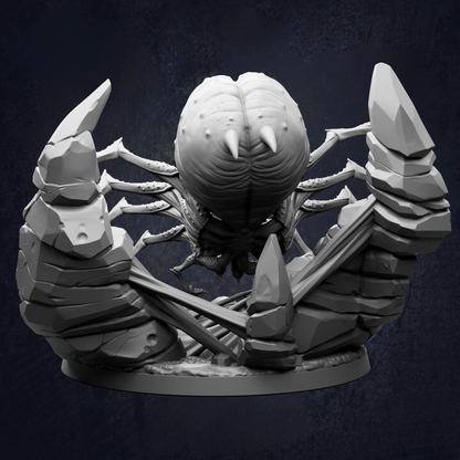 A detailed 3D rendering of a large, intricate spider with multiple legs and sharp fangs, set against a dark background.