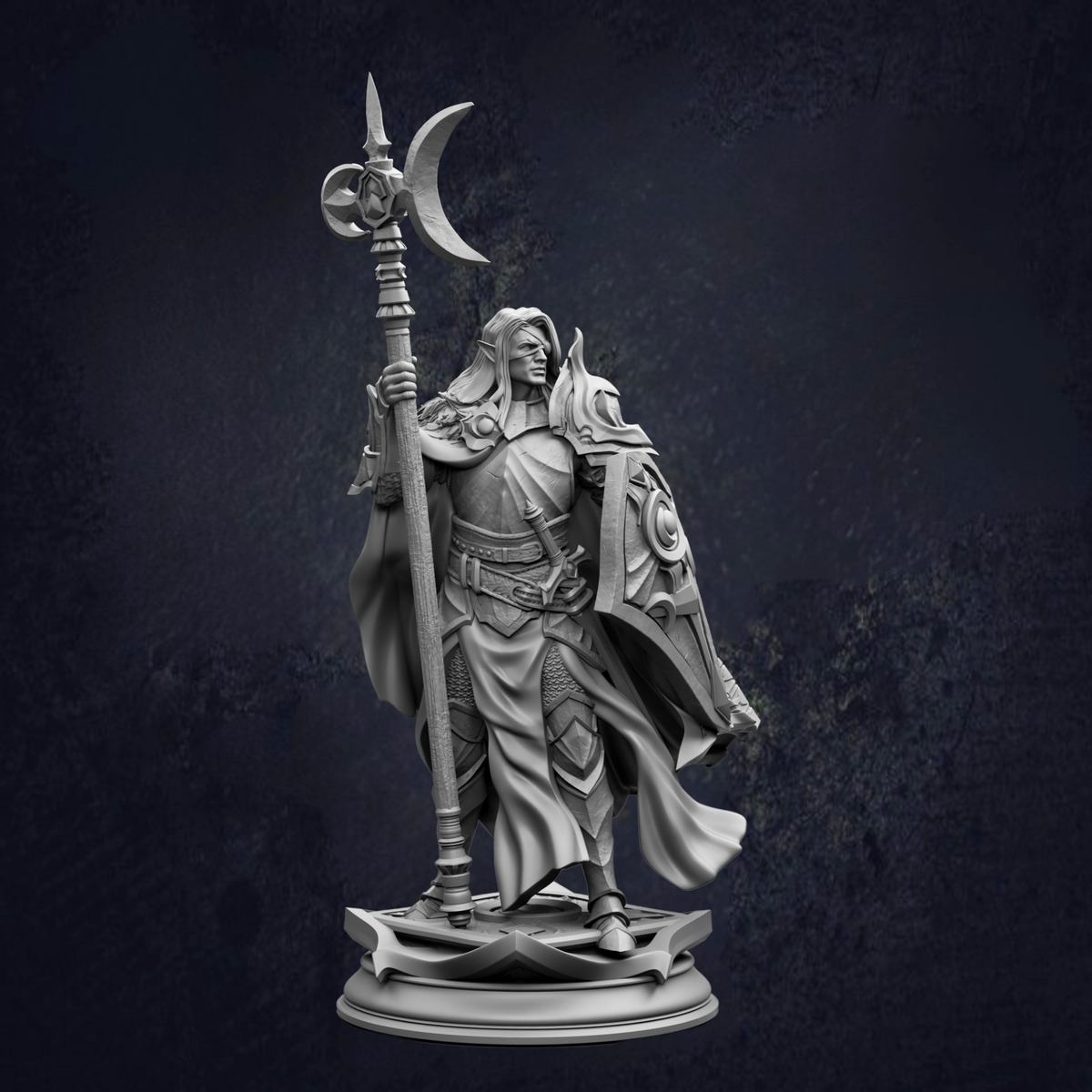 A detailed 3D model of a knight figure holding a crescent moon and shield, standing on a pedestal against a dark background.