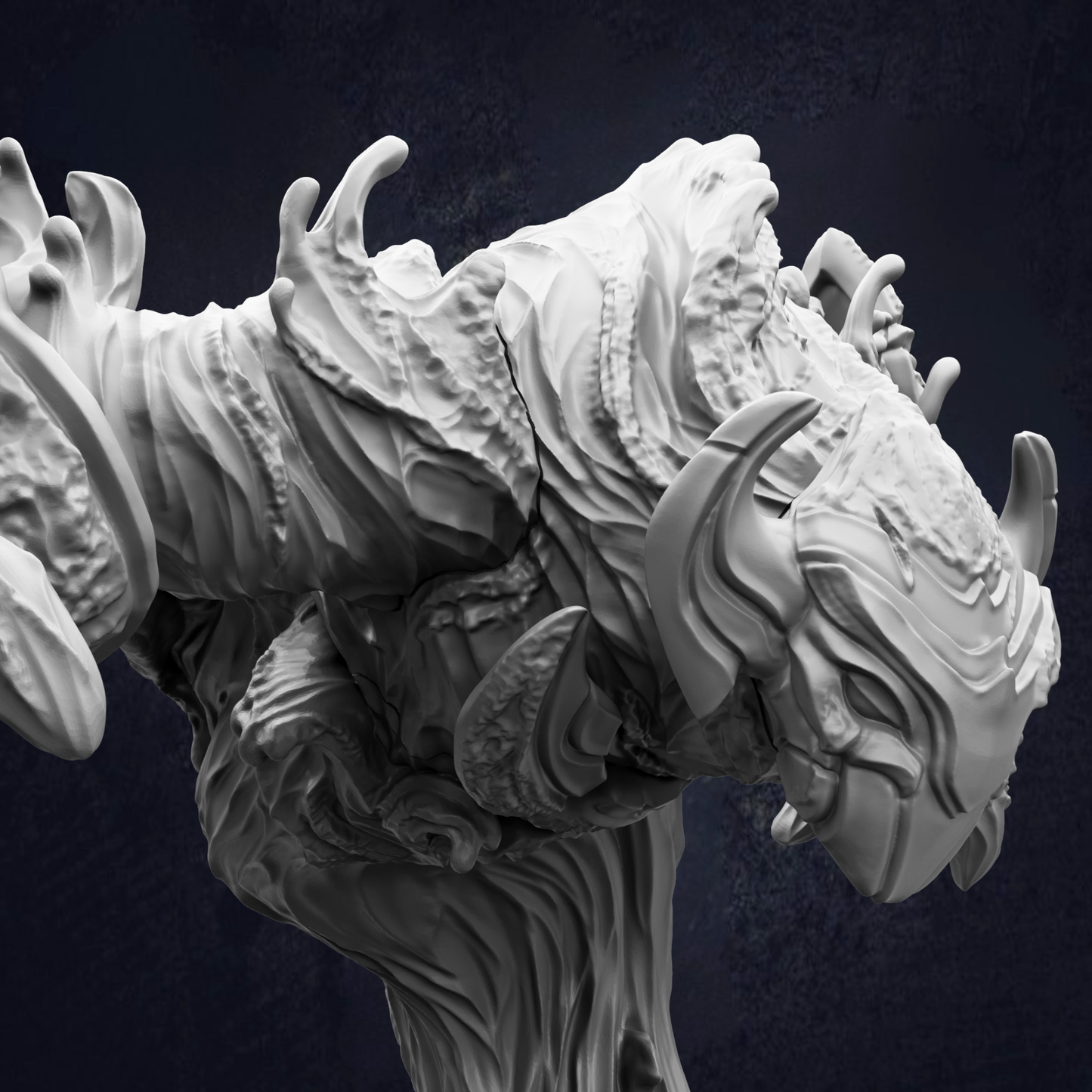 A detailed, intricate sculpture of a fantastical creature with a complex, organic form and textured surface.