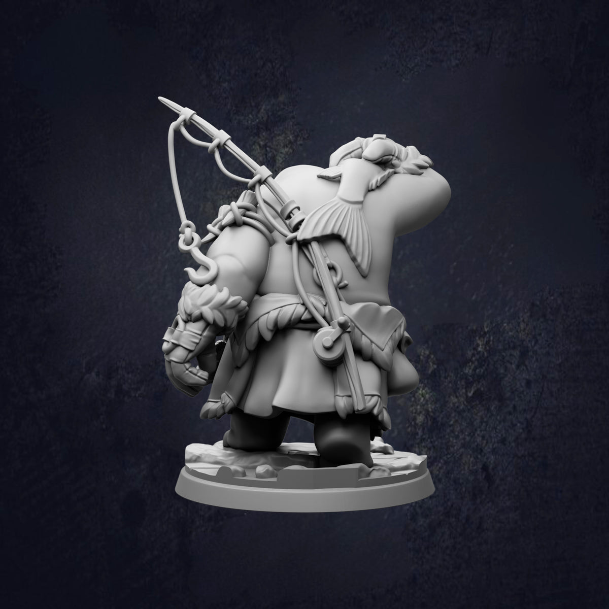 A 3D model of a character with a fishing rod, wearing a decorative outfit, and holding a bag.