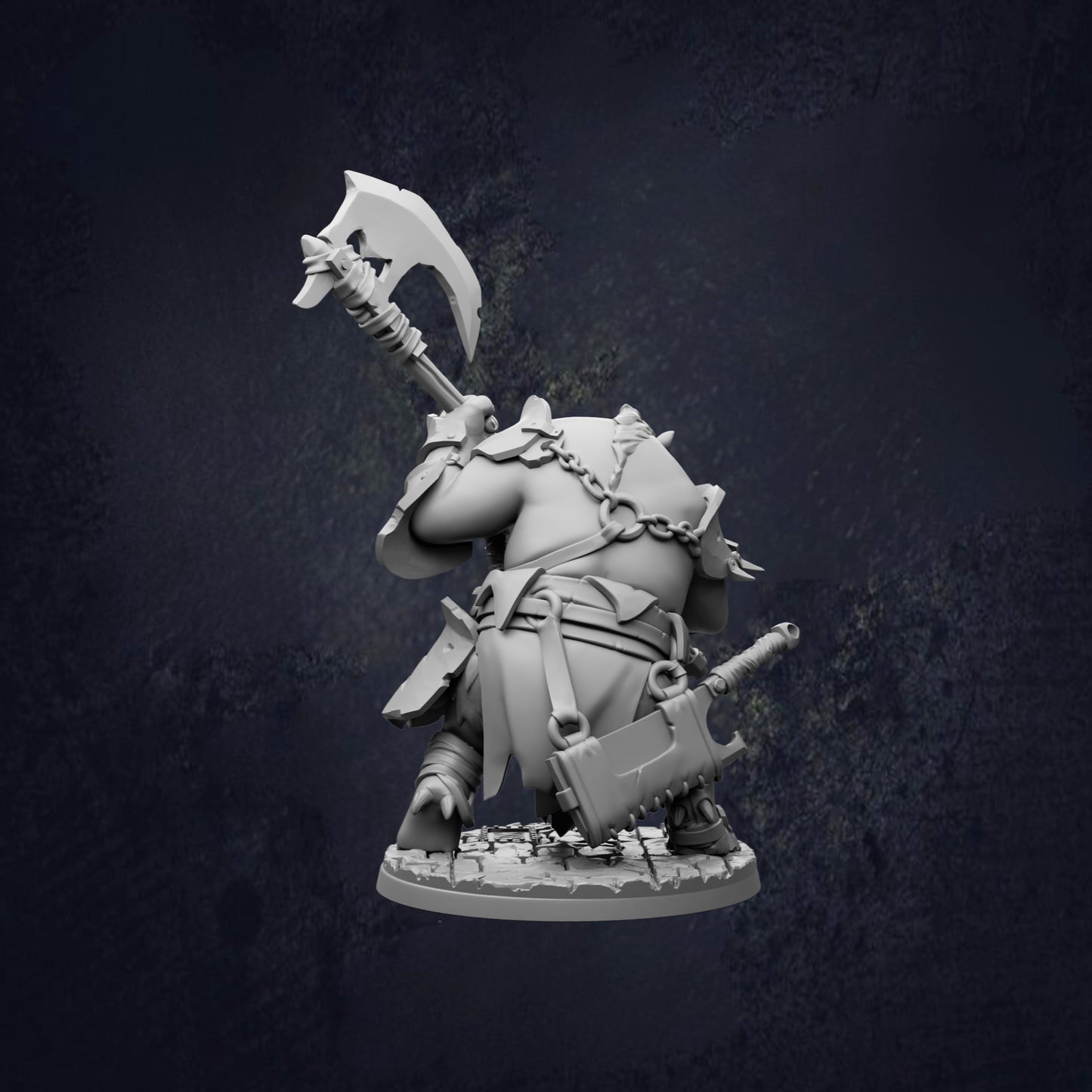 A 3D model of a warrior figure holding a large weapon, standing on a platform against a dark background.