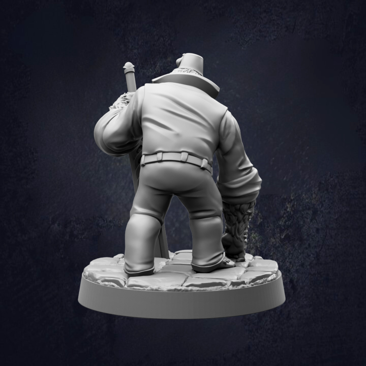 A 3D model of a person wearing a hat and holding a cane, standing on a platform against a dark background.