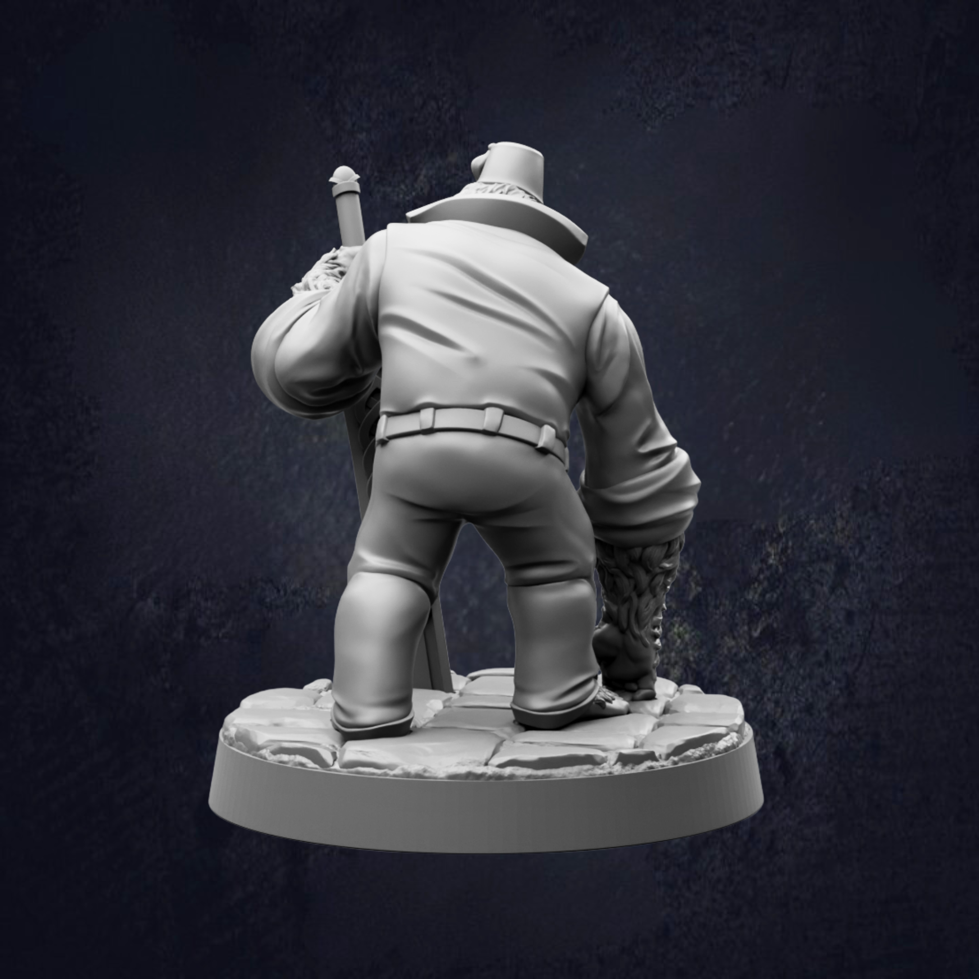 A 3D model of a person wearing a hat and holding a cane, standing on a platform against a dark background.