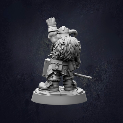 A 3D model of a dwarf character with a raised fist, wearing a helmet and carrying a weapon, standing on a platform against a dark background.