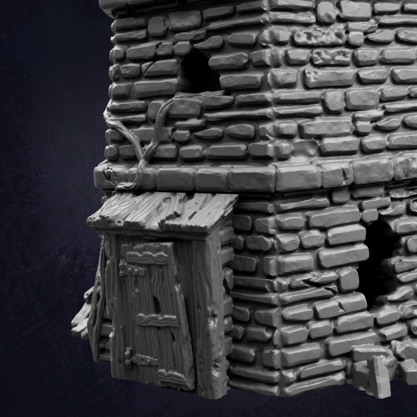 A 3D rendering of a brick tower with a wooden door and window.