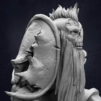 A detailed 3D rendering of a skull-like creature with a long beard and a large, damaged shield.