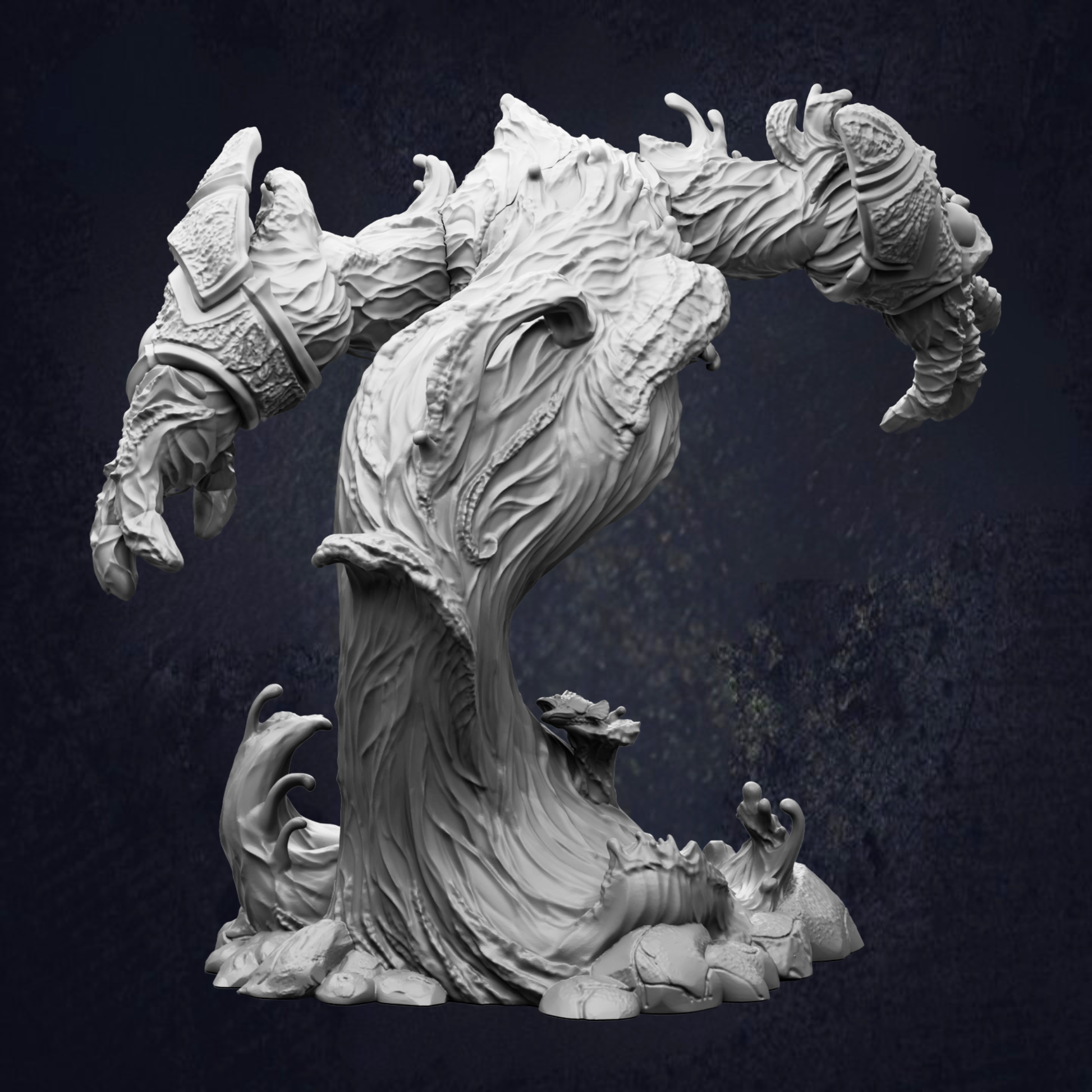 A detailed, intricate sculpture of a fantastical creature with a twisted, organic form and a dark, moody background.