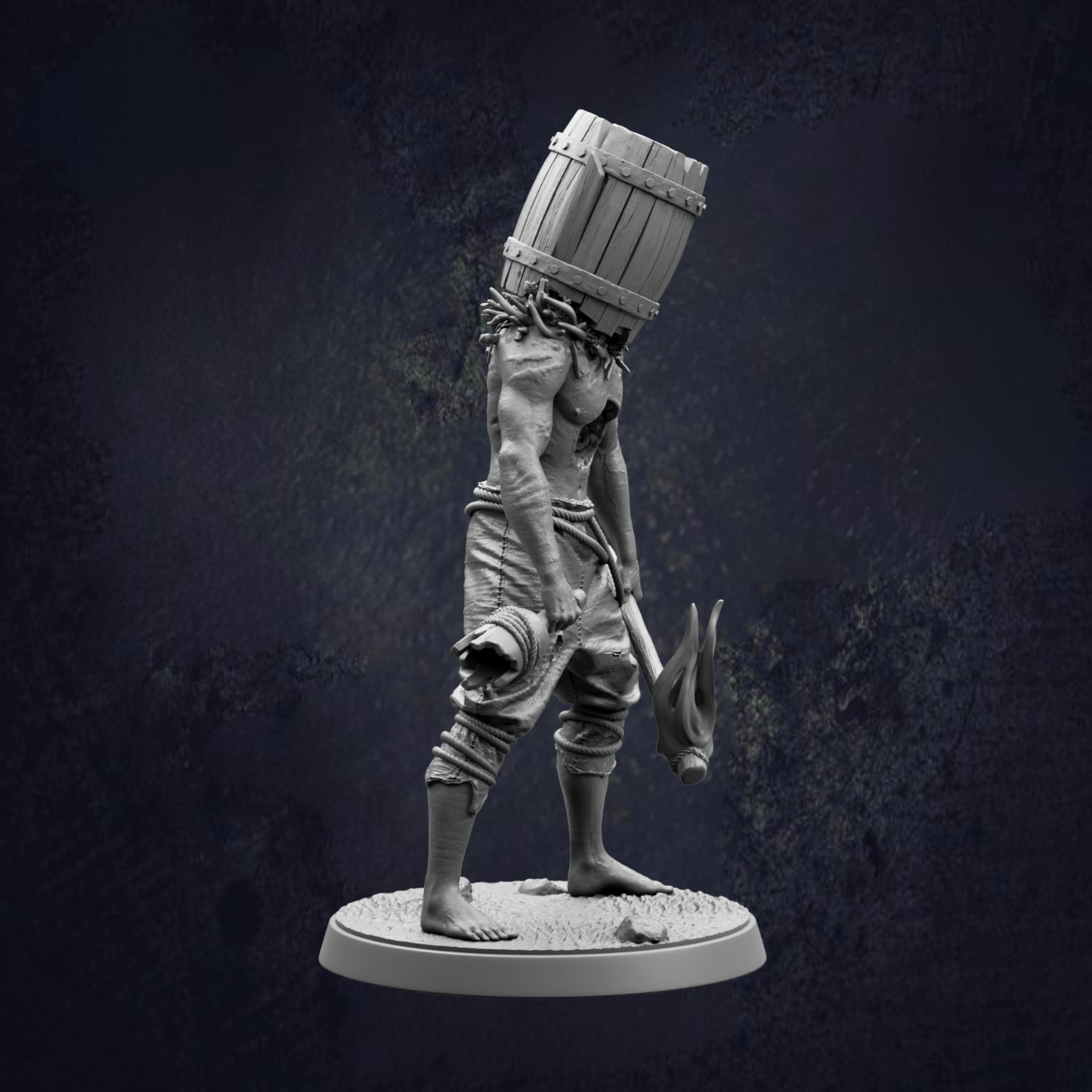 A statue of a person with a barrel on their head, standing on a base.