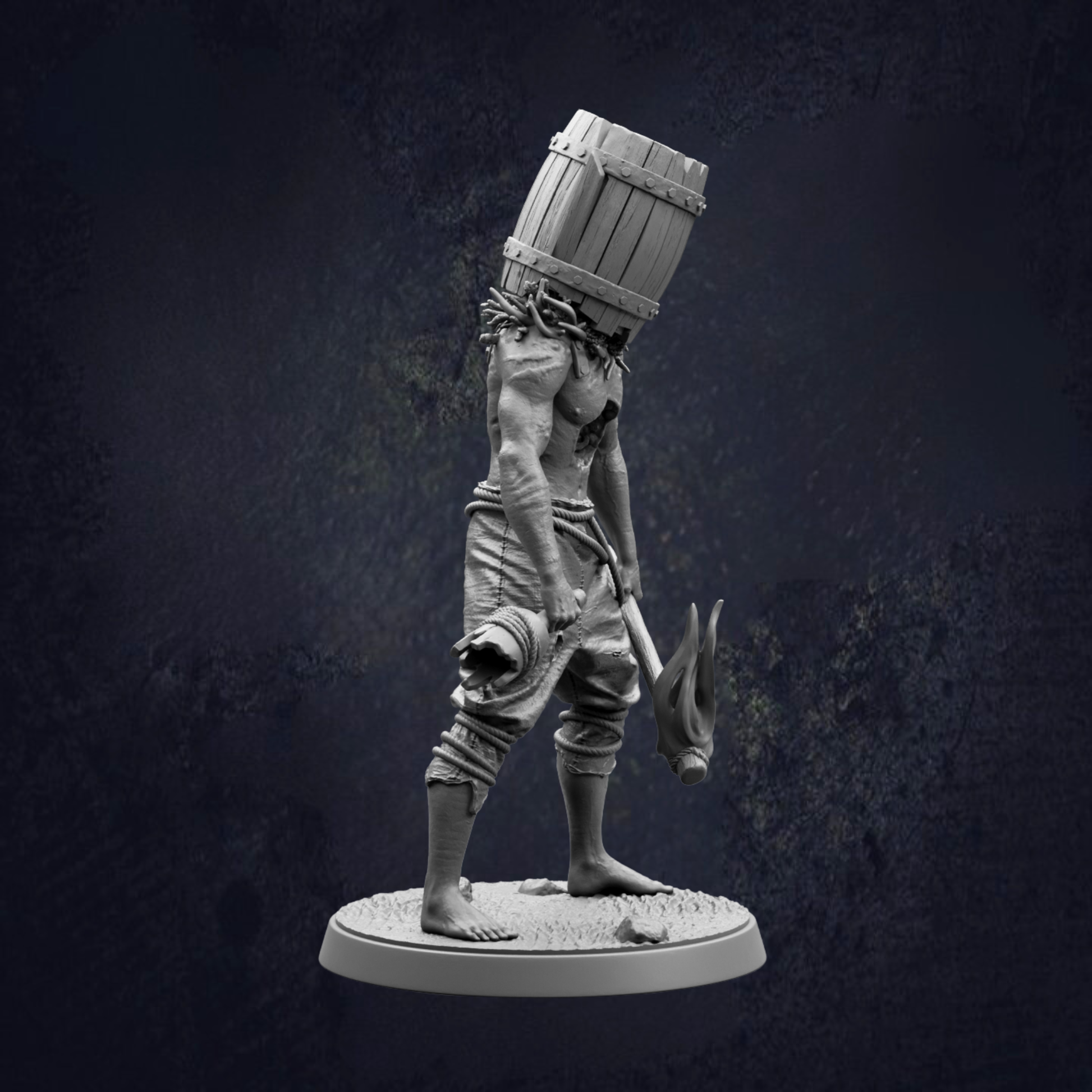 A statue of a person with a barrel on their head, standing on a base.