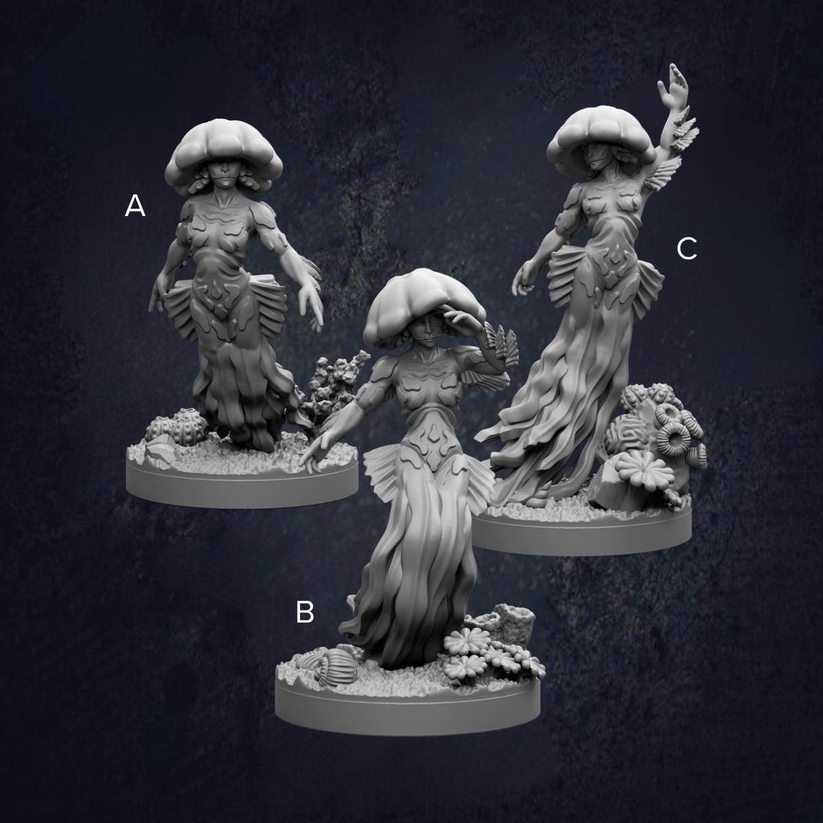 three figurines of fantastical creatures, each with unique poses and expressions, set against a dark background.