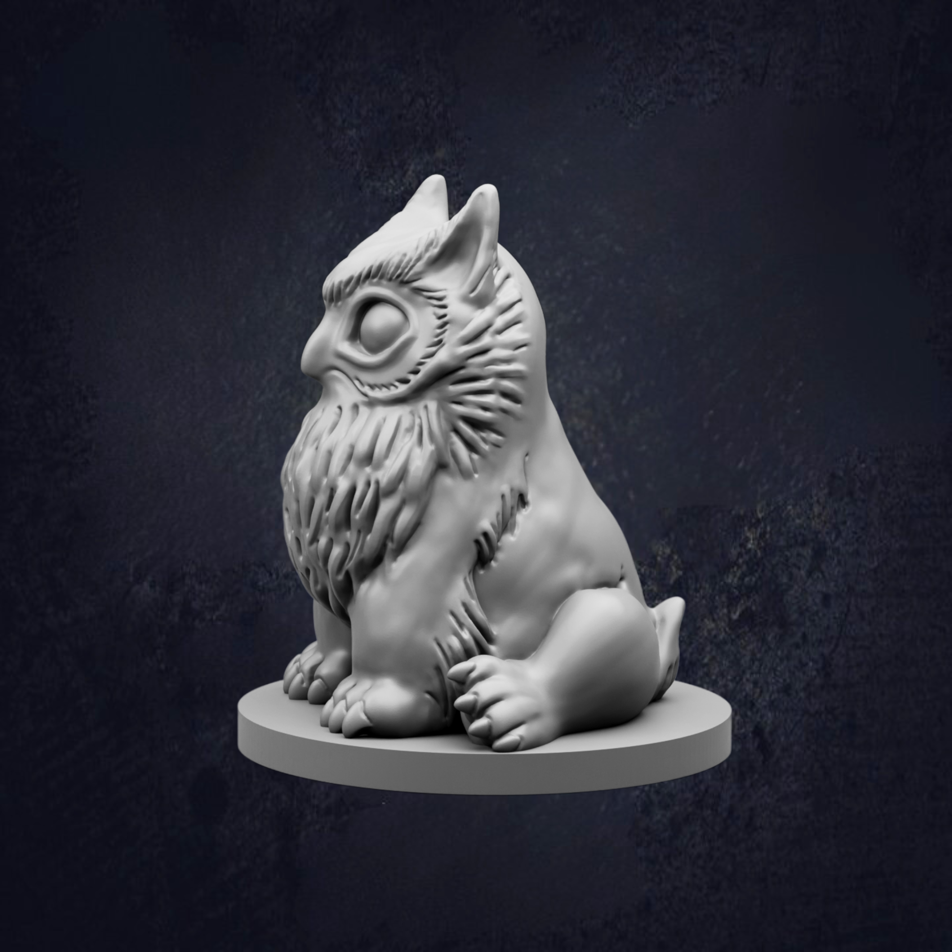 A 3D rendering of a small owl figurine sitting on a circular base against a dark background.