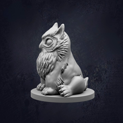 A 3D rendering of a small owl figurine sitting on a circular base against a dark background.