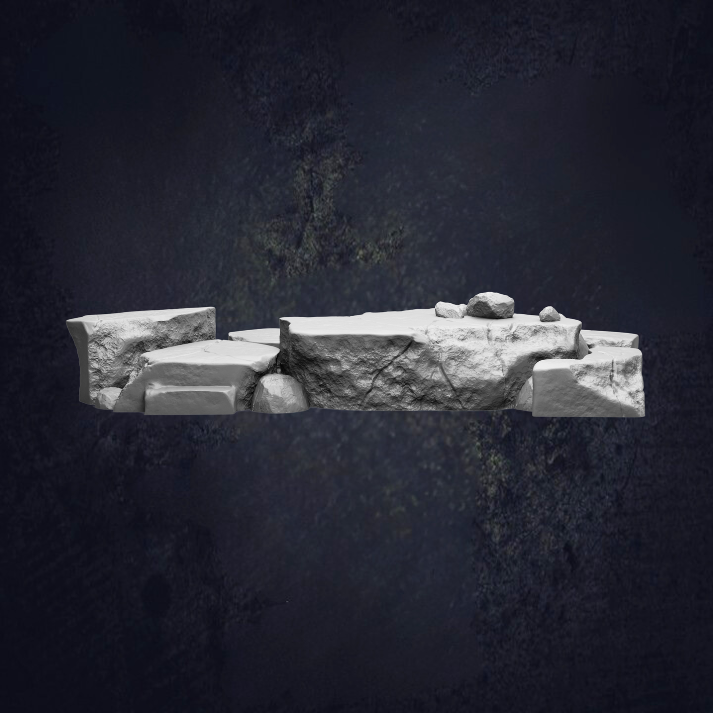 A large, jagged rock formation with a dark, moody background.
