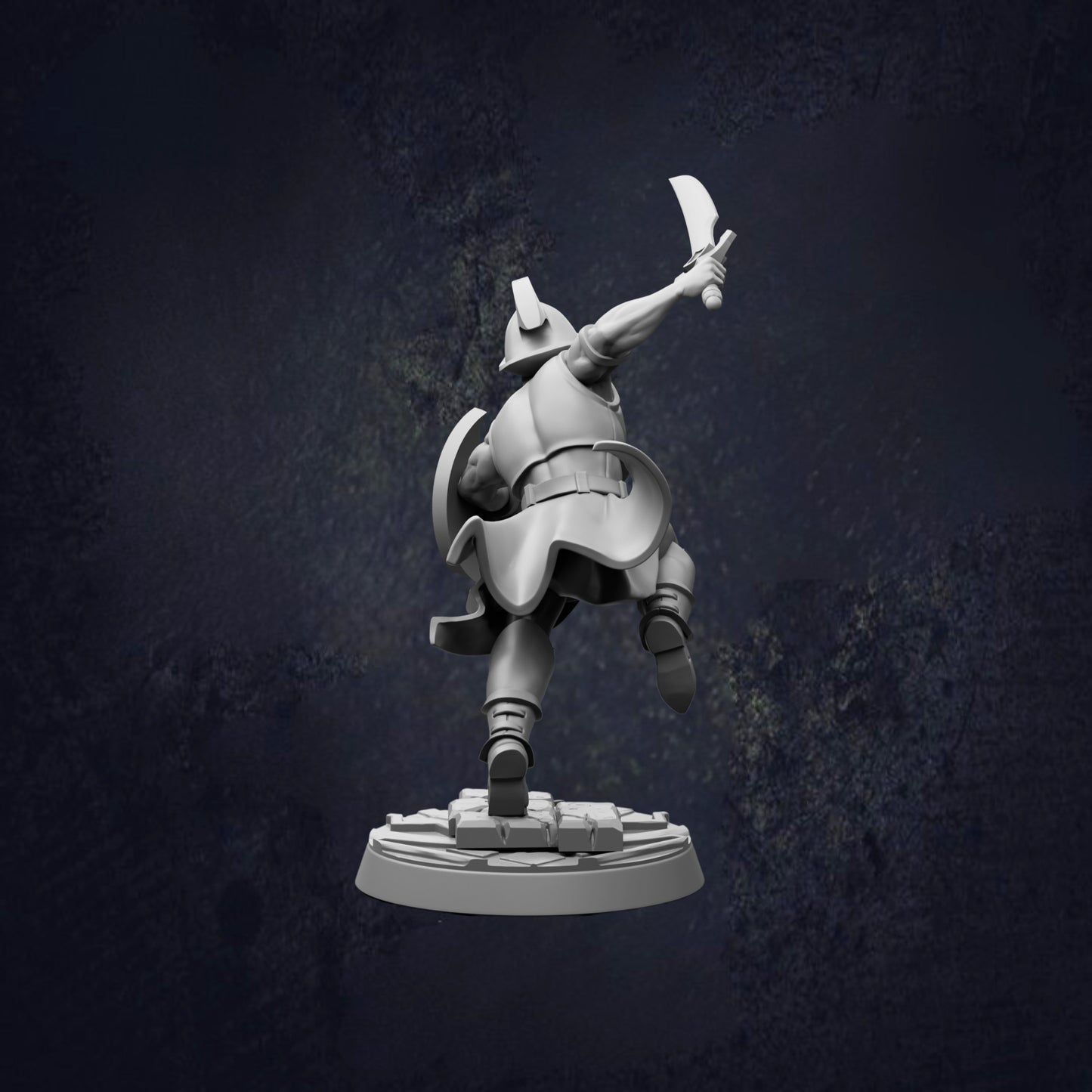 A 3D model of a warrior figure in a dynamic fighting stance, holding a sword and shield, against a dark background.