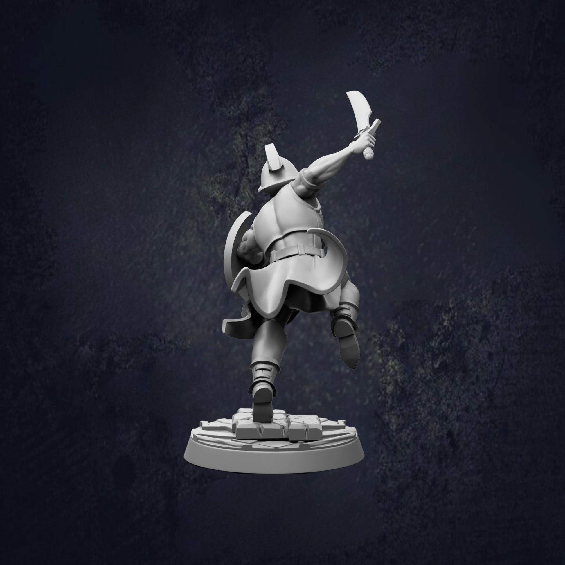 A 3D model of a warrior figure in a dynamic fighting stance, holding a sword and shield, against a dark background.