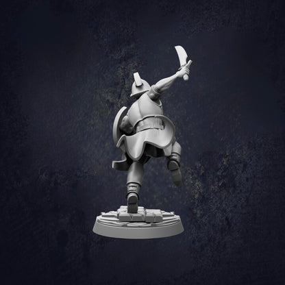 A 3D model of a warrior figure in a dynamic fighting stance, holding a sword and shield, against a dark background.