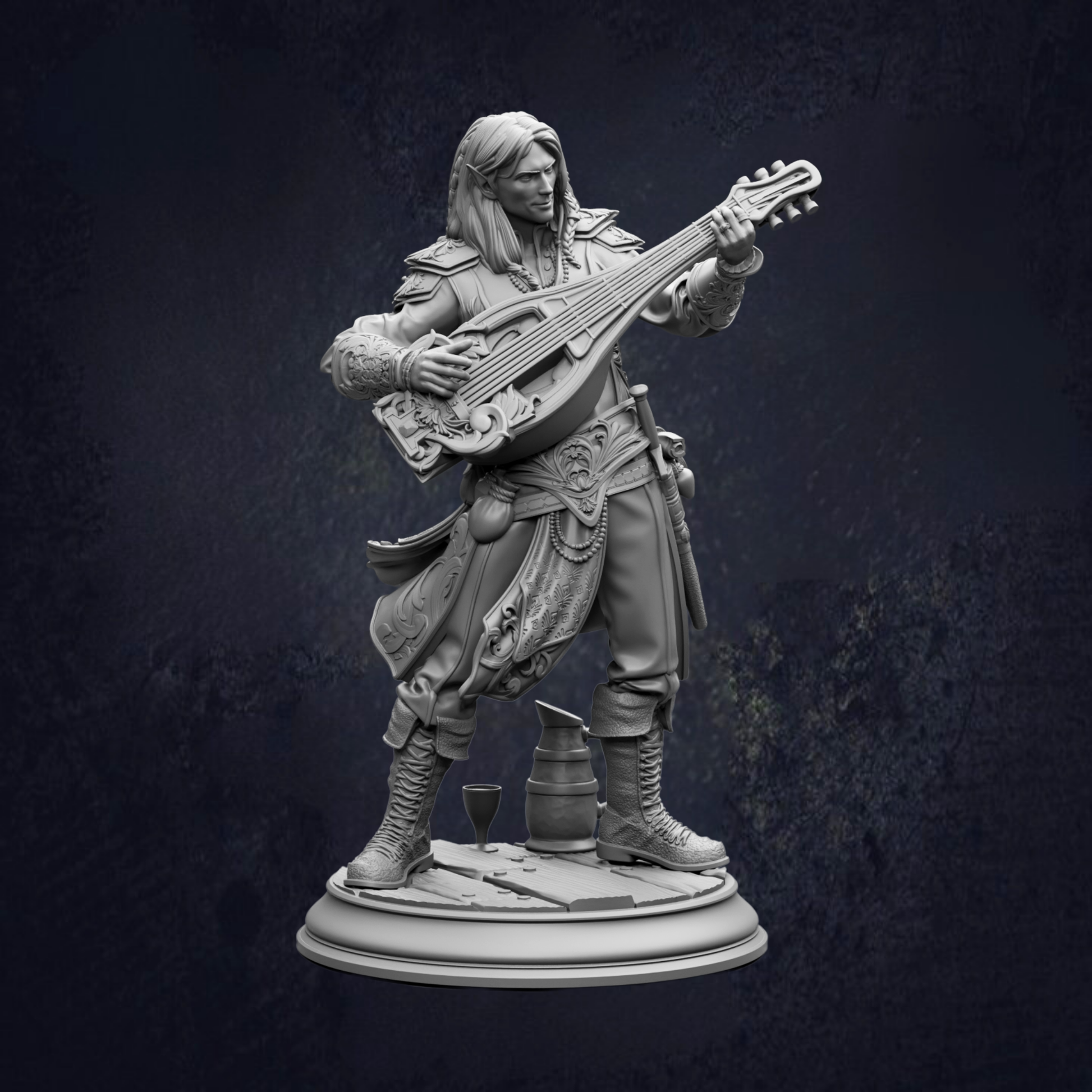 A detailed 3D model of a character playing a lute, standing on a pedestal.