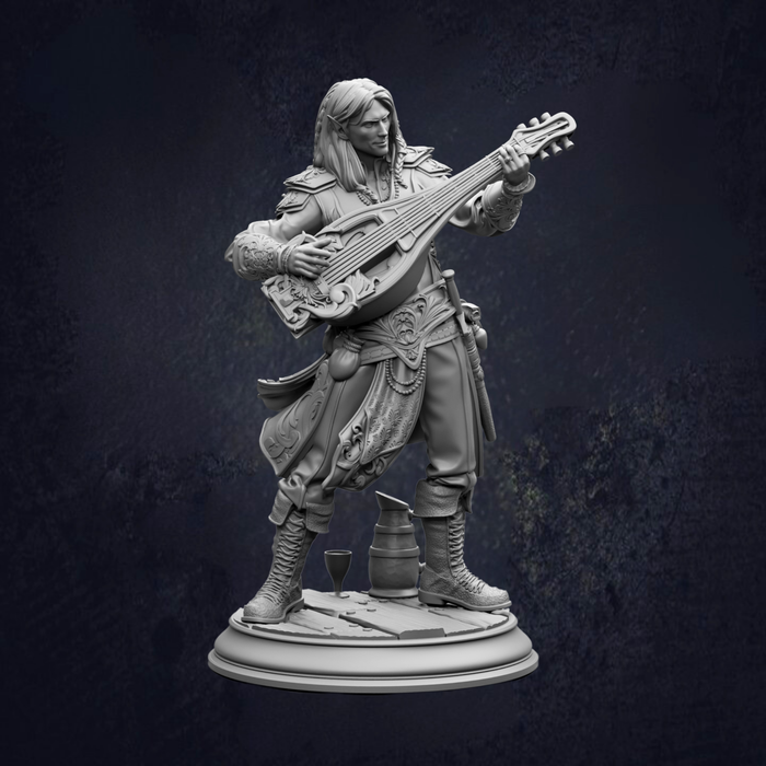 A detailed 3D model of a character playing a lute, standing on a pedestal.