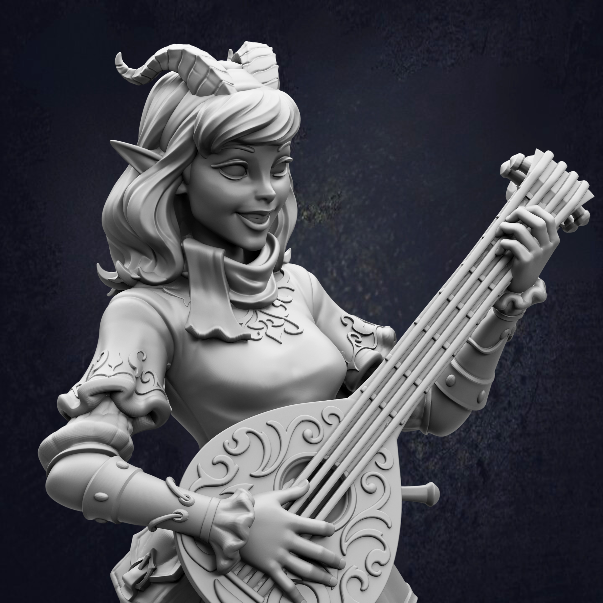 A detailed 3D model of a female character with horns, wearing a decorative outfit and playing a lute.