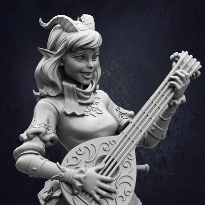 A detailed 3D model of a female character with horns, wearing a decorative outfit and playing a lute.