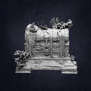 A detailed 3D model of a treasure chest, adorned with various marine elements such as seaweed, coral, and other natural materials, set against a dark background.
